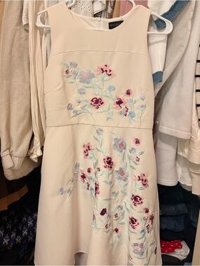 Sleeveless Cream Floral Embroidered A-Line Dress